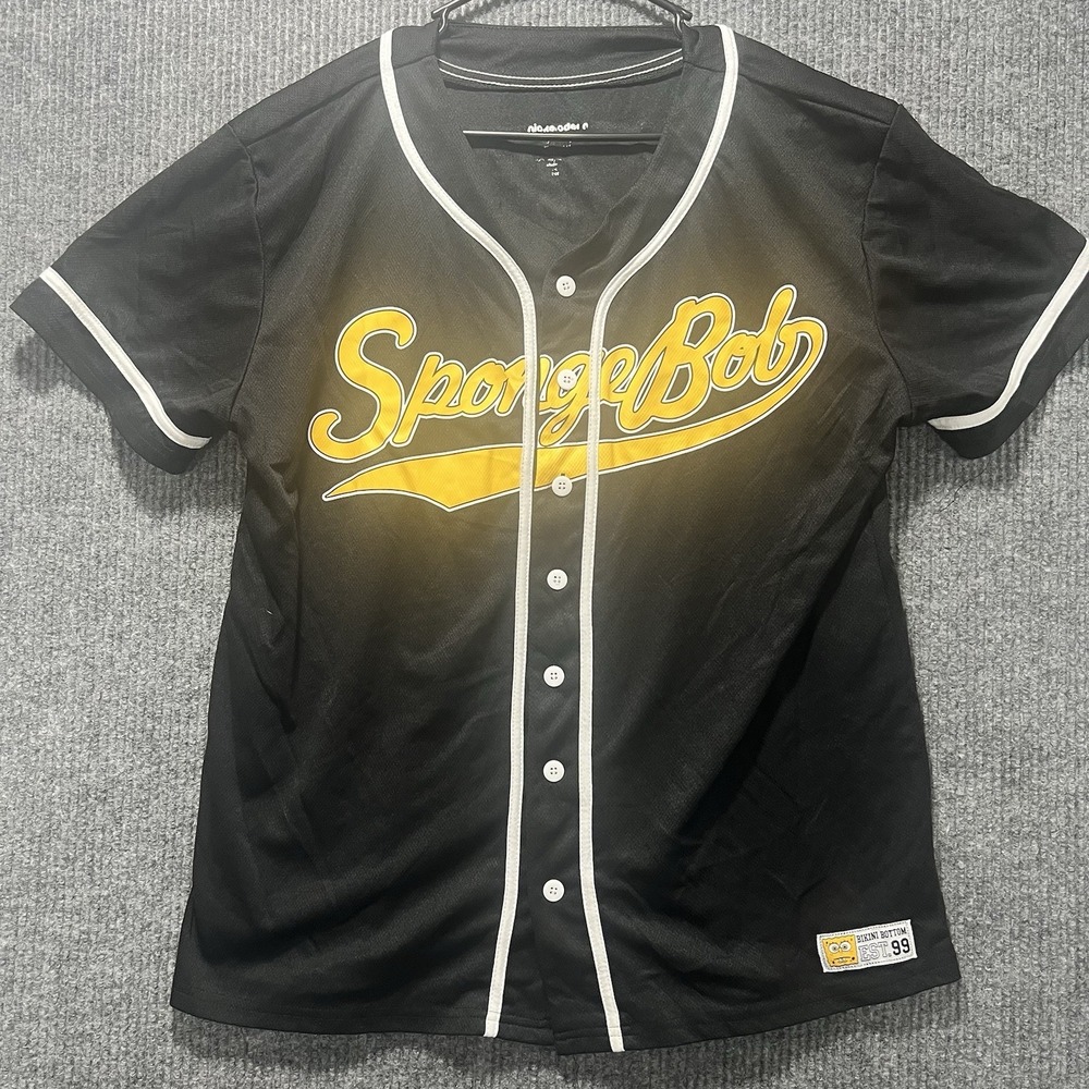 SpongeBob Black Baseball Jersey Button-Up Shirt Nickelodeon Adult M/L Tee